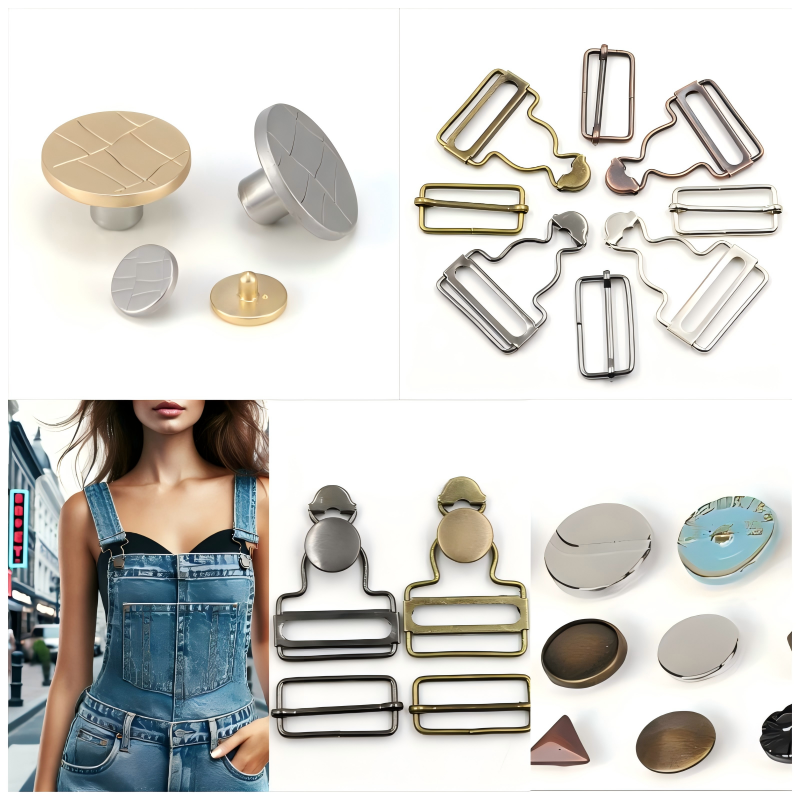 Metal suspender buckle attached to denim overall strap, offering secure and adjustable fastening