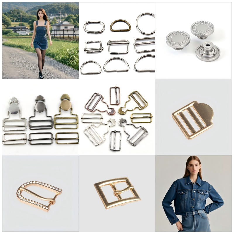 Flat-lay image of overall hardware components including suspender buckles and strap adjusters