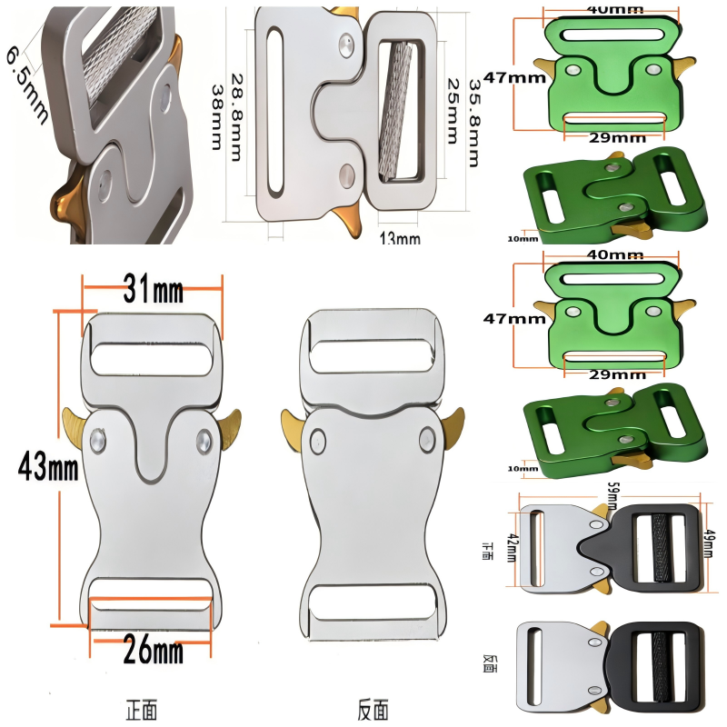 Top-down image of a modular backpack system with interchangeable alloy buckles, ideal for tactical and travel use