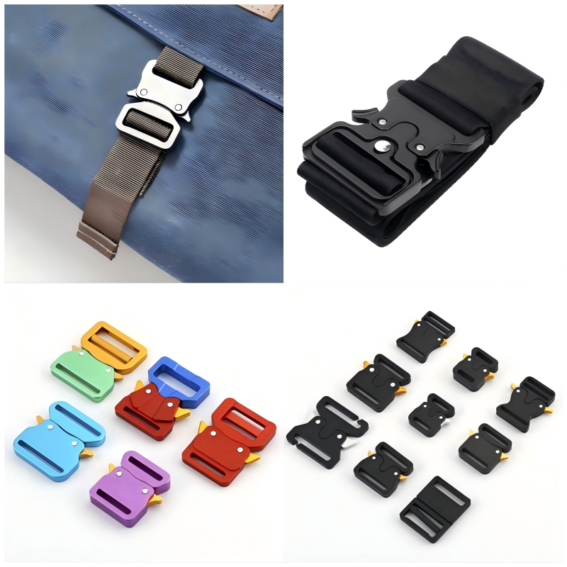 Detailed image of an impeccably crafted aluminum buckle with refined contours, embodying understated elegance
