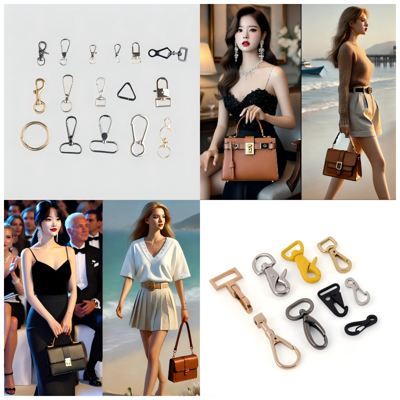 Modern dog hook used as a stylish embellishment on a luxury handbag