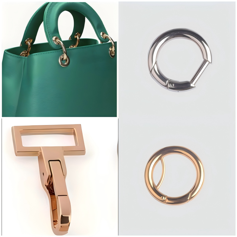 Close-up of fashion bag hardware featuring a sleek zinc alloy dog hook