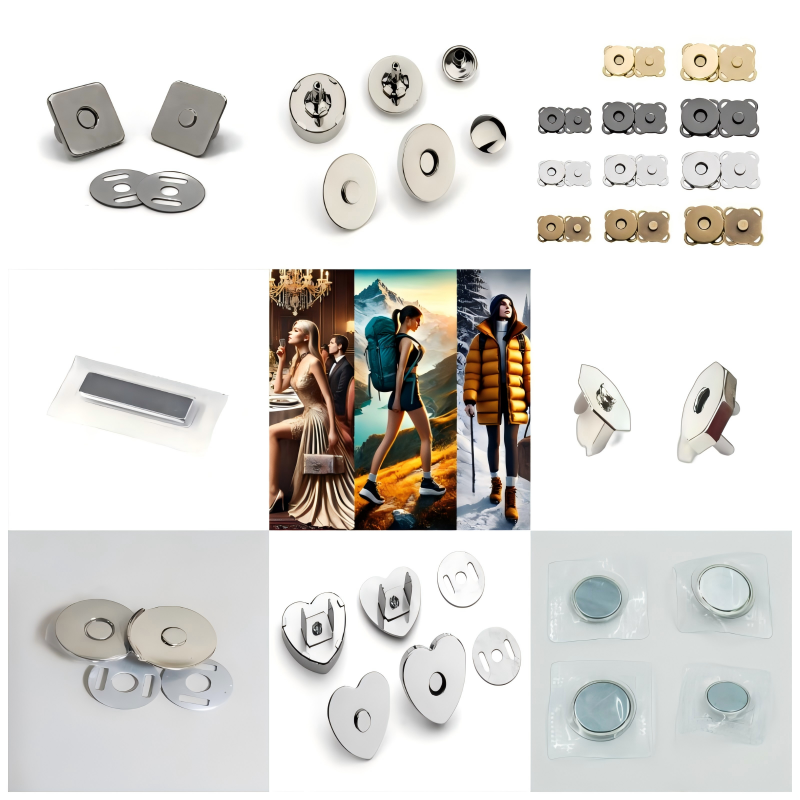 Pair of sew-on magnetic buttons side by side on a white background, highlighting their slim profile and corrosion‑resistant finish