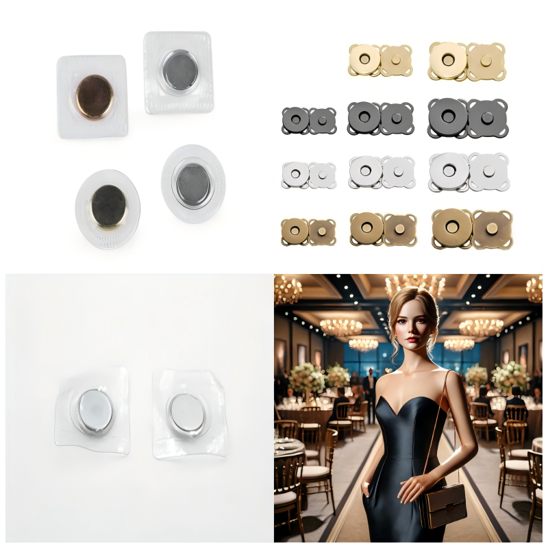 Premium nickel-plated magnetic bar clasp sewn into fabric or leather for discreet bag and wallet closures